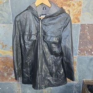 Nine West Black Leather Hooded Jacket
